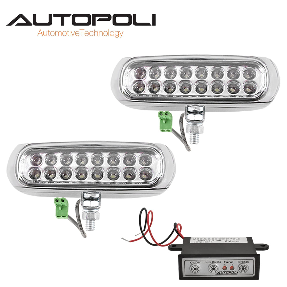 KIT FAROL LED AUXILIAR BRANCO 12/24V 60W PRETO - AUTOPOLI - AP807