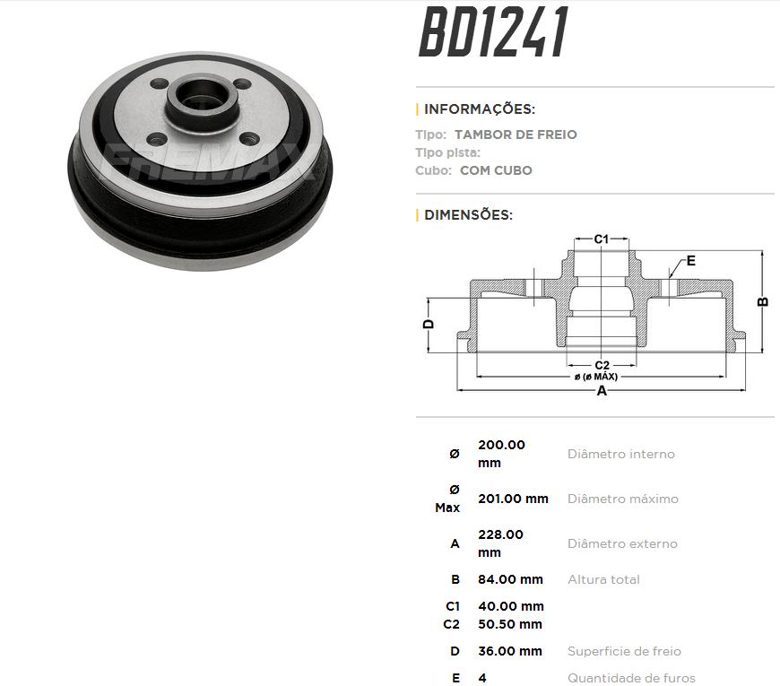 TAMBOR DE FREIO TRASEIRO - FREMAX - BD1241