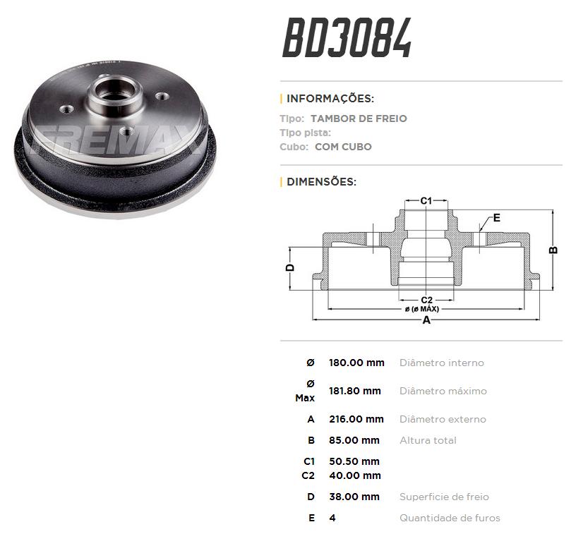 TAMBOR DE FREIO TRASEIRO - FREMAX - BD3084