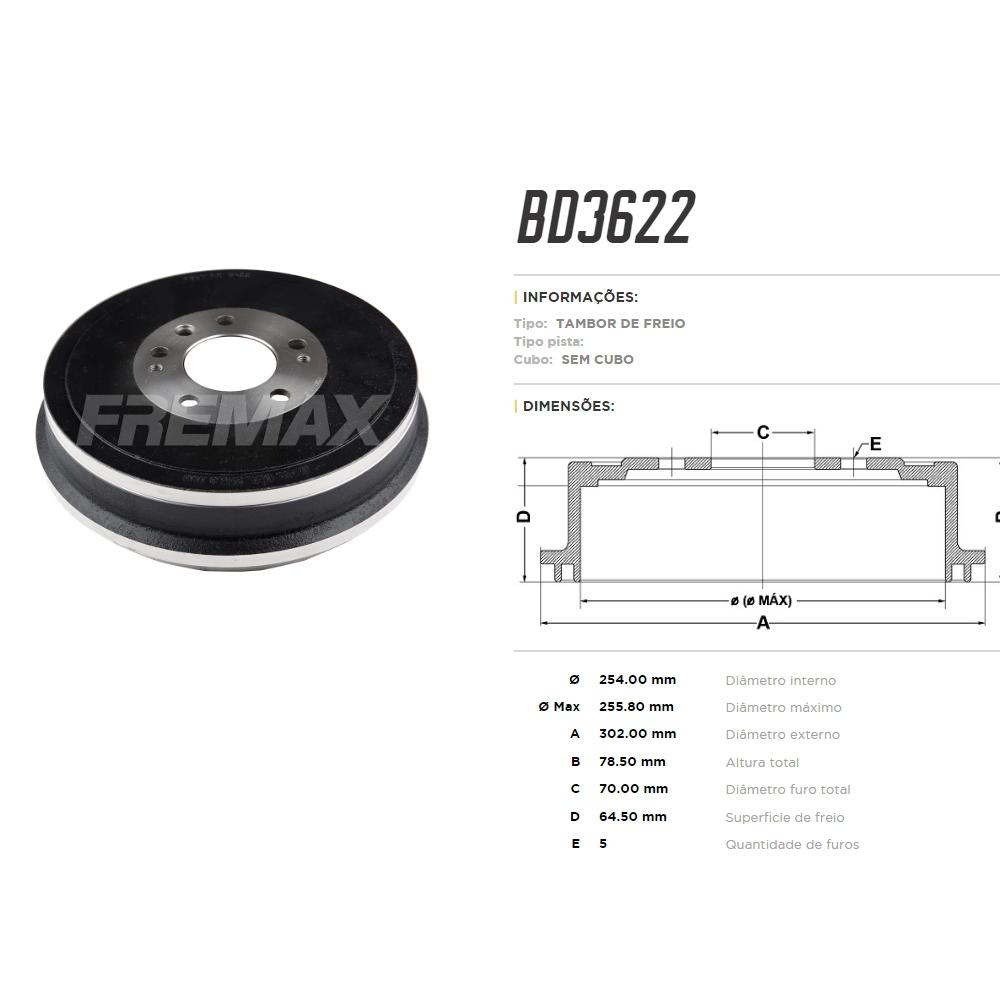 TAMBOR DE FREIO TRASEIRO - FREMAX - BD3622