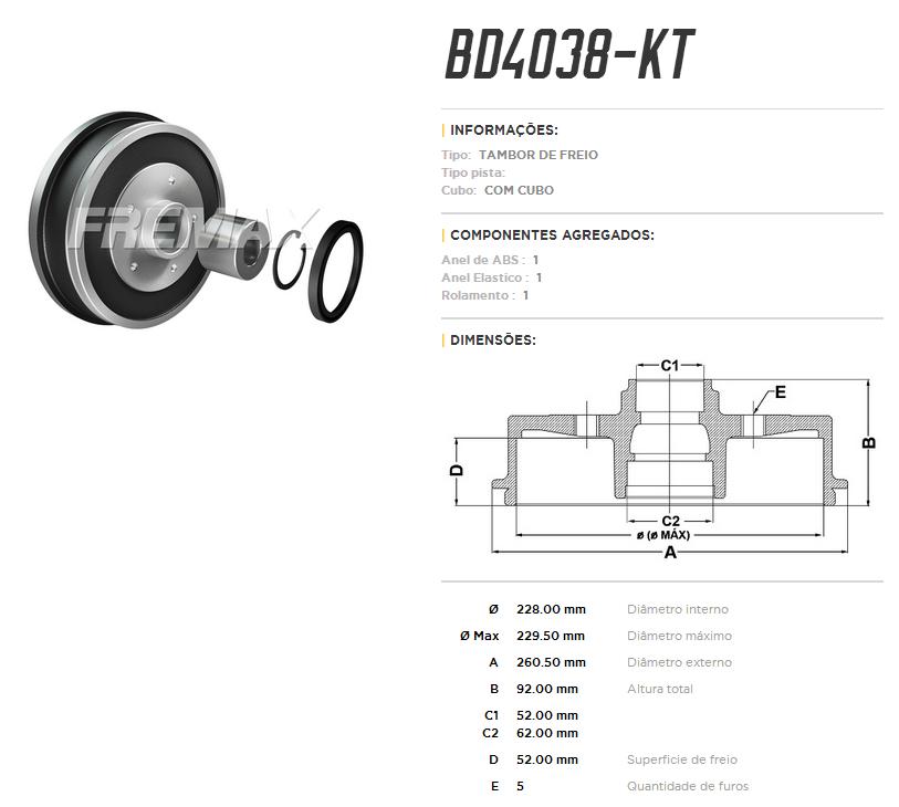 JOGO DE TAMBOR DE FREIO TRASEIRO - FREMAX - BD4038KT