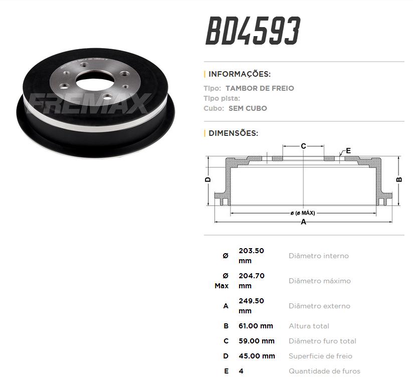 TAMBOR DE FREIO TRASEIRO - FREMAX - BD4593