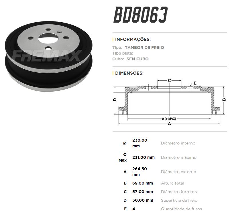 JOGO DE TAMBOR DE FREIO TRASEIRO - FREMAX - BD8063